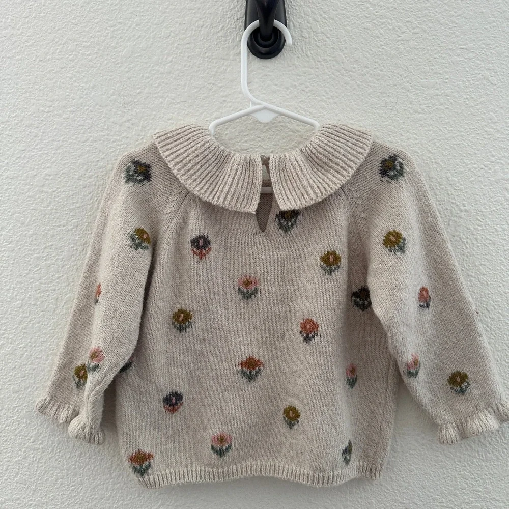 Zara Knit Sweater Baby Girl 9-12 Months Beige Floral Peter Pan Collar Ruffle